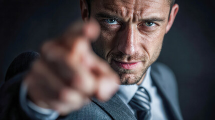 Fototapeta premium Determined businessman in suit pointing directly at camera with intense gaze and furrowed brows conveying confidence and assertiveness in leadership presence