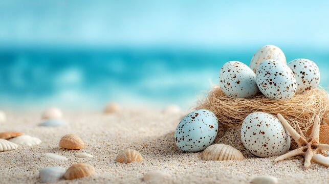 A serene beach scene featuring a nest of speckled eggs surrounded by seashells and starfish on the sandy shore with a blurred ocean background.