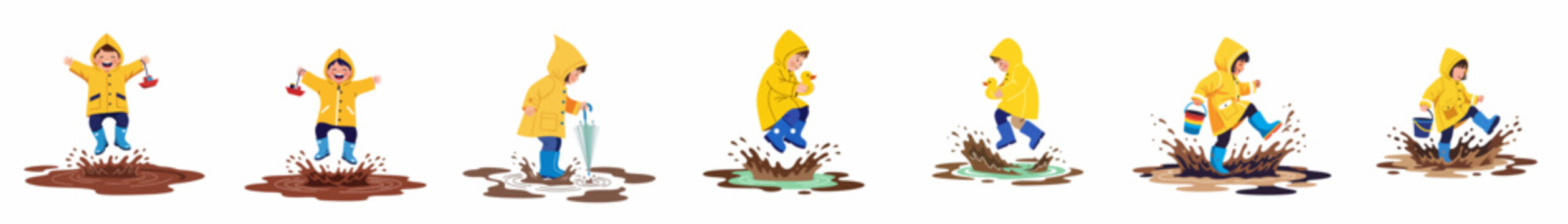 Set of illustrations featuring children in yellow raincoats and blue boots jumping and splashing in mud puddles with toys.