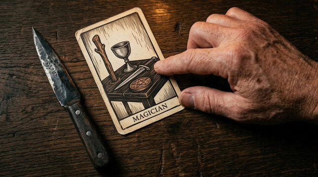 Hand touching a weathered Magician tarot card next to an iron athame