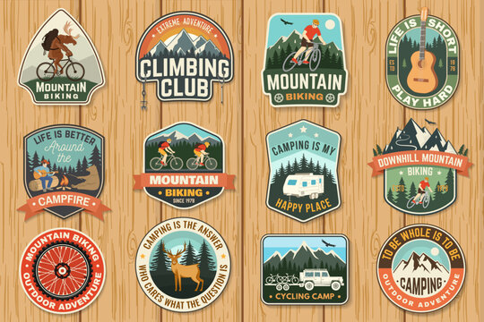 Set of Outdoor Adventure Badges, patches, stickers. Vector. Concept for shirt or logo, print, stamp or tee. Vintage typography design with man riding bike, forest, camping, climbing and mountain
