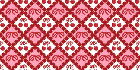 Seamless coquette cottagecore pattern with red bows and cherries in a pink diamond lattice. Romantic repeating print for fabric, wallpaper, wrapping paper, textiles, stationery, and packaging.
