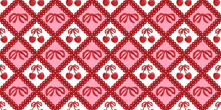 Seamless coquette cottagecore pattern with red bows and cherries in a pink diamond lattice. Romantic repeating print for fabric, wallpaper, wrapping paper, textiles, stationery, and packaging.