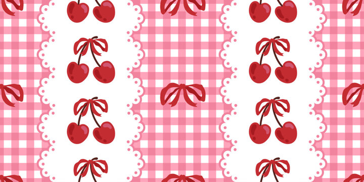 Seamless coquette cottagecore pattern with cherries and bows on lace panels over a pink gingham background. Romantic repeating print for fabric, wallpaper, wrapping paper, textiles, and stationery.