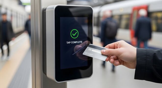 Person making a contactless payment with a credit card at a modern transit fare validator in a bustling train station.