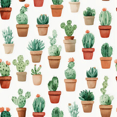 Fototapeta premium Seamless watercolor pattern with assorted potted cacti and succulents, hand painted botanical desert illustration, cute green plant background for textile, wrapping paper and wallpaper design