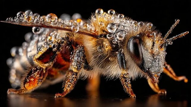 Macro shot of a bee covered in water droplets against a black background