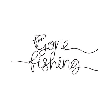 Minimalist line art illustration of gone fishing with a fish