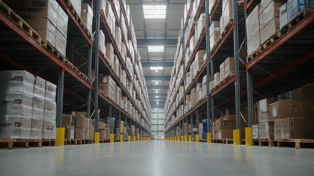 A long, brightly lit warehouse aisle with shelving units stacked with cardboard boxes and pallets on either side, leading to a vanishing point in the distance