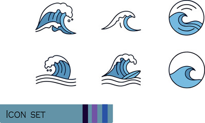 Naklejka premium Print Minimalist Blue Ocean Wave Icon Set Featuring Stylized Sea Surfing and Water Motion Graphics in Circular and Linear Designs