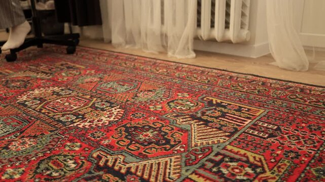 Ginger cat walks across a detailed Persian rug in a cozy room