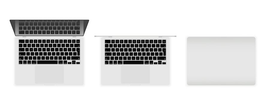 Laptop Mockup Set Top View Fully Opened Partially Opened and Closed Laptop Computer with Blank Screen Vector Illustration