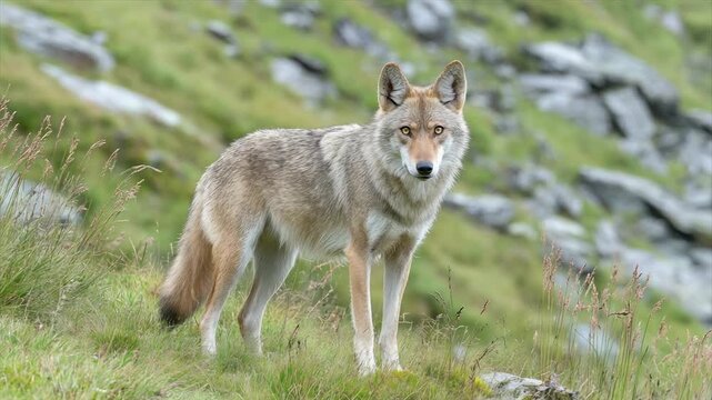 A wild canid stands alert in a grassy alpine environment, looking directly at the viewer