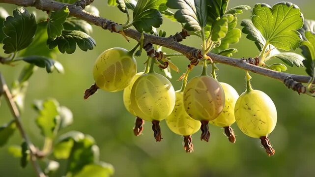 Close-up of ripe green gooseberries hanging on a branch in a garden on a sunny day.