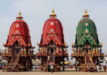 Obraz premium Three colorful wooden chariots with intricate carvings and statues on a sandy ground