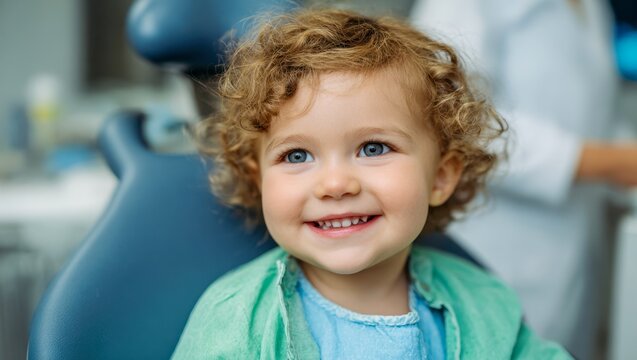 Cheerful little child with curly hair sitting in a dental clinic chair wearing a protective cape and smiling with bright eyes during a checkup session