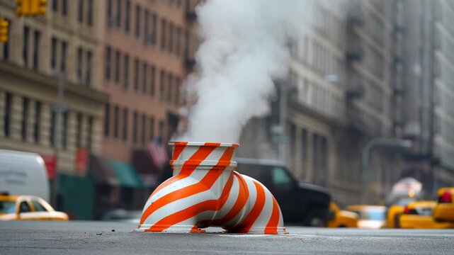 Urban Steam Scene. City Alley Vent Amidst Traffic. Steam Rising Among Taxis And Brick Buildings