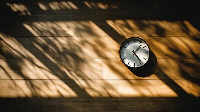 A clock sits on a wood floor with shadows cast across it. Light and dark contrast
