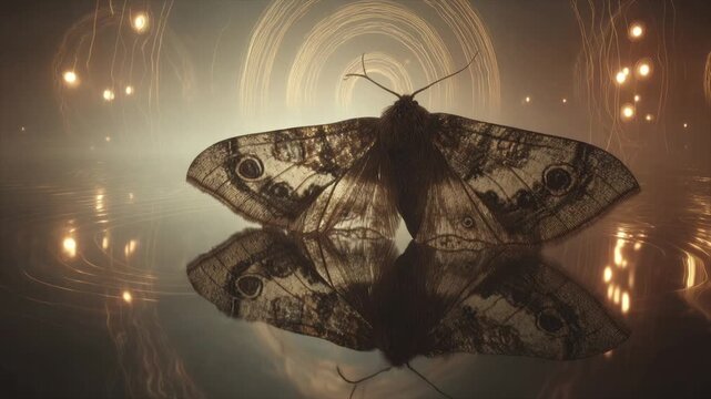 A detailed image of a moth reflected in a shimmering surface with ethereal lights in background
