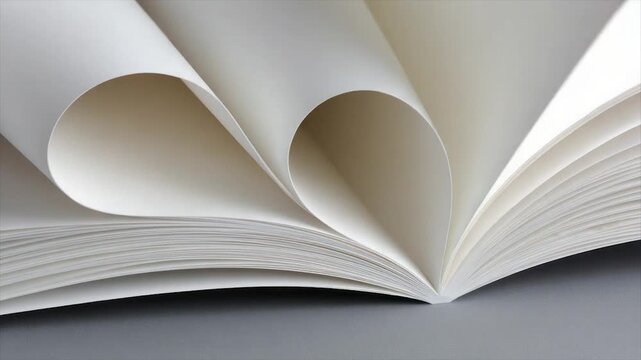 A book lies open, pages curled upwards, creating soft, curved lines, on a neutral surface