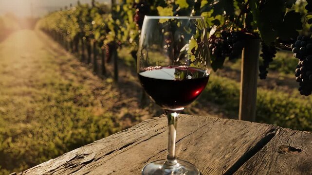 Glass of Red Wine in Vineyard at Sunset.