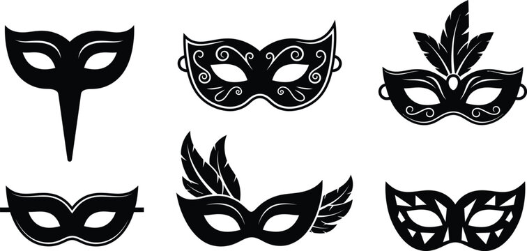 Collection of black masquerade masks, carnival eye masks with feathers and ornate designs, vector set