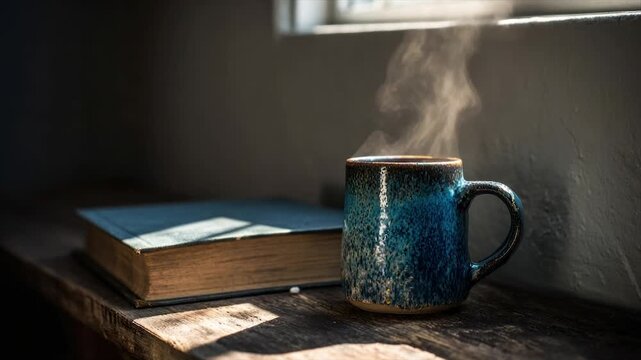 A steaming blue mug sits beside a book on a wooden surface, sunlight filtering in