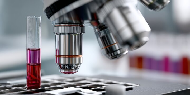 medical laboratory equipment, a bright lab with a centrifuge, blood-filled tubes, and a microscope creates a vibrant scientific setting