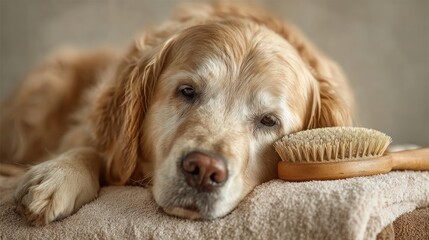Senior golden retriever dog lies peacefully on a soft towel next to a wooden grooming brush. The tired pet has white fur on its face.