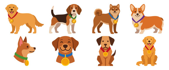 Fototapeta premium Medal of Honor- A proud pup with a gold medal dangling from its collar Flat Vector Illustration on Transparent Background