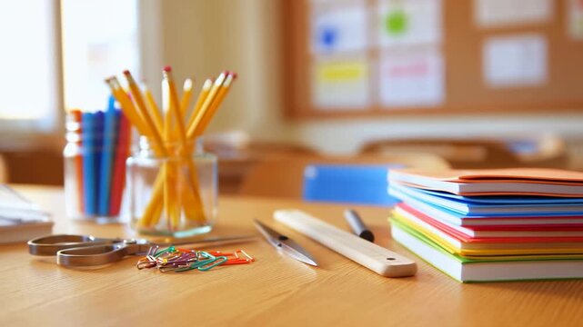 Study Area With Supplies Arranged Neatly. Desk Setup Featuring Stationery And Sunlight Ambiance