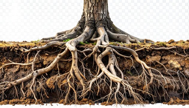 An exposed tree with its intricate root system, showing how the roots are anchored in the soil and absorb nutrients
