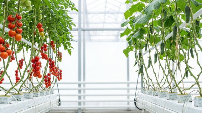 Bright industrial greenhouse interior showing rows of ripe red cherry tomatoes and fresh green cucumbers growing hydroponically on soilless substrate blocks with central copy space