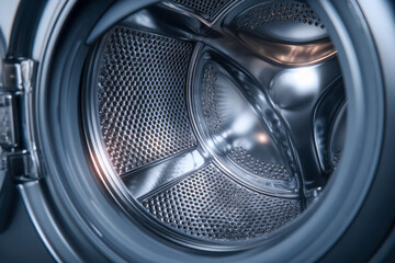 Interior view of an empty front-loading washing machine drum showcasing the sleek metal perforated surface and door hinge details in a modern laundry setting