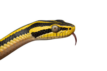 Snake head with striking yellow and black stripes extracting its bifurcated tongue, isolated on transparent background
