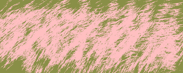 Fototapeta premium Abstract rough pink brush texture on an olive green background with diagonal distressed strokes. Grunge painted surface for posters, packaging, banners, stationery, covers, and web headers.
