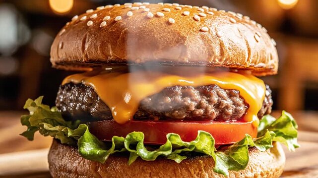 Steaming hot cheeseburger with melted cheese and fresh vegetables