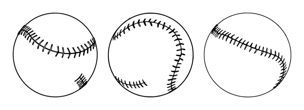 Baseball ball set with realistic design featuring white, red, round with stitches and shadow