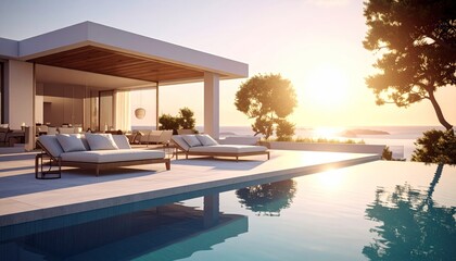 Luxury outdoor pool house sunset
