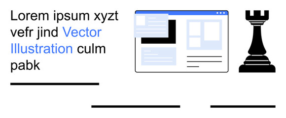 Web design, content strategy, UX layout, creative development, text editing, strategic planning. Abstract website layout with text elements and a rook icon. Web design and strategy in focus © robu_s