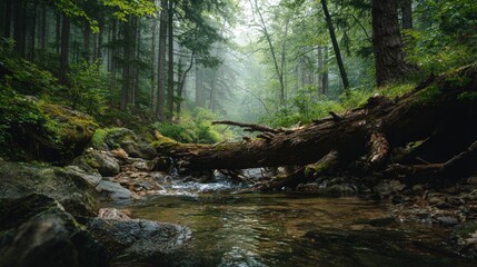 fallen tree trunk in the middle of a leafy forest