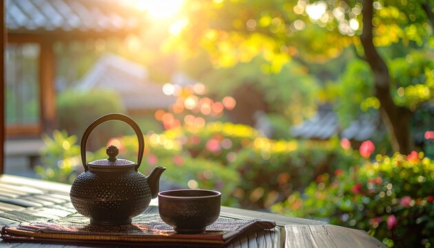 日本家屋の縁側で緑豊かな庭を背景に鉄瓶と茶碗が佇む俯瞰ショット