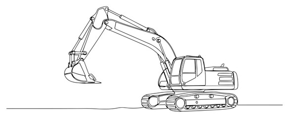Construction excavator machine continuous line art. Heavy machinery and earthmoving equipment minimalist vector illustration. © ----WWWLINE----