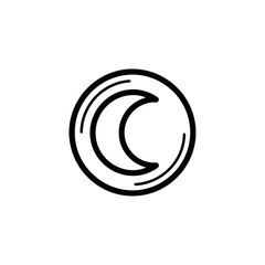 A simple, minimalist black and white line art drawing of a crescent moon inside a circle.