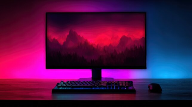 A sleek gaming setup featuring a widescreen monitor displaying a red mountain landscape, backlit by vibrant pink and blue lighting, with a keyboard and mouse on a wooden desk.