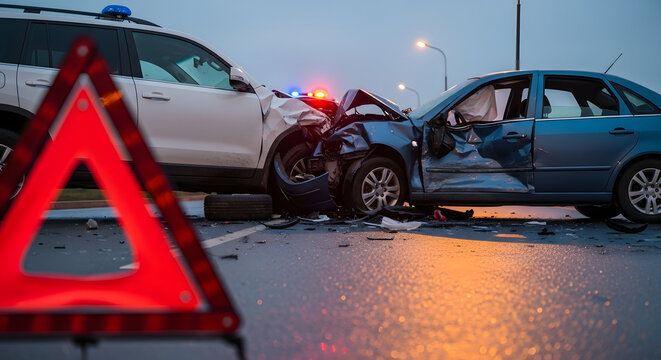 Damaged cars with warning triangle on wet road after traffic accident at dusk outside city transparent background