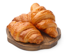 Puff pastry. Many tasty fresh croissants isolated on white