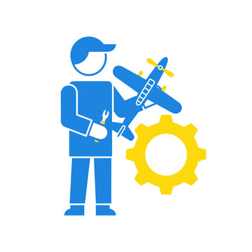 Aircraft Mechanic Holding Wrench Next to Airplane and Gear Icon