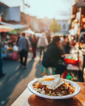 Delicious Fried Egg Dish Served in a Bustling Outdoor Asian Market Setting Under Warm Sunlight