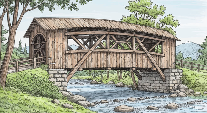 Rustic Wooden Covered Bridge Over Flowing Mountain Stream
